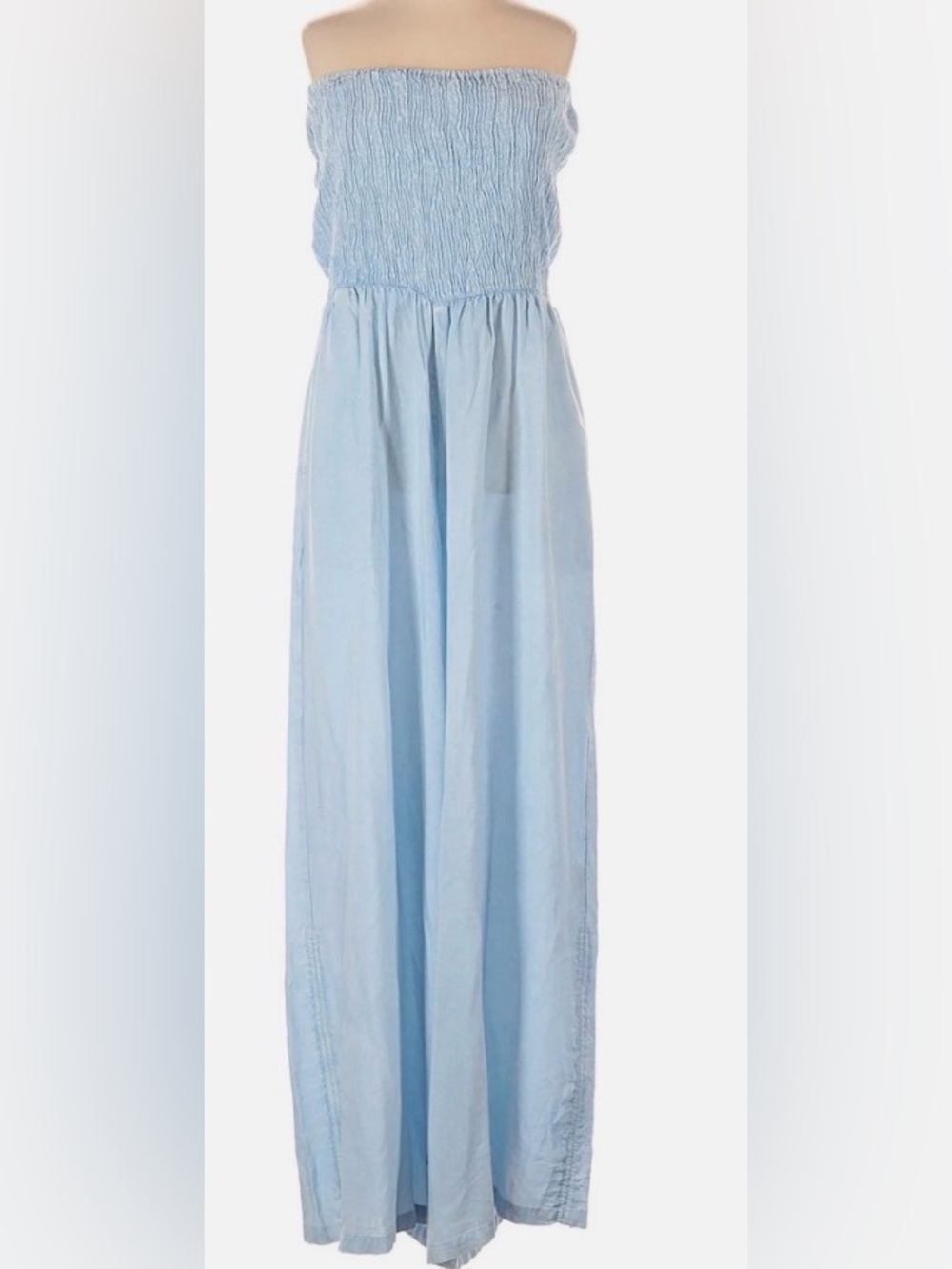 Strapless Smocked Maxi Jumpsuit in Light Blue